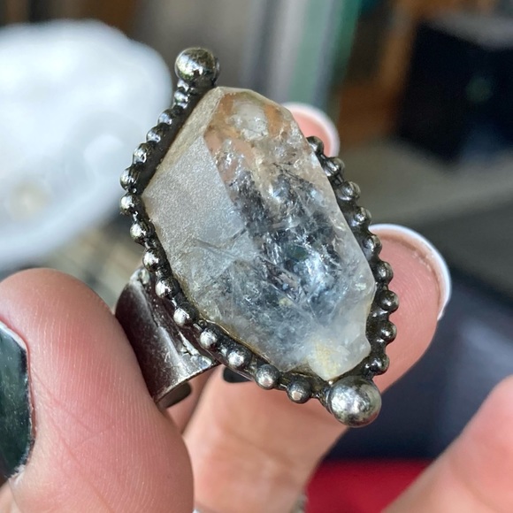 Natural phantom smokey crystal quartz gemstone adjustable ring boho goth - Picture 6 of 15
